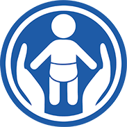 Symbol, dass Osteopatiebehandlung für Kinder angeboten wird. Rundes blaues Symbol mit Kind in der Mitte und rechts und links Hände.